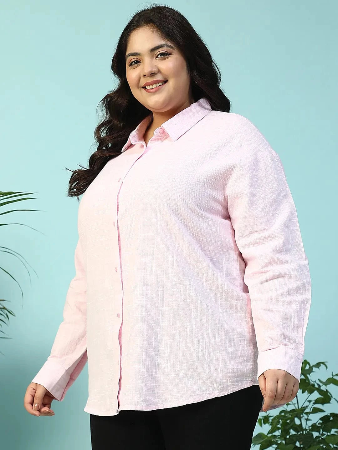 Curated Pink Yarn-Dyed Collared Long Sleeve Button Down Plus Size Women Cotton Shirt