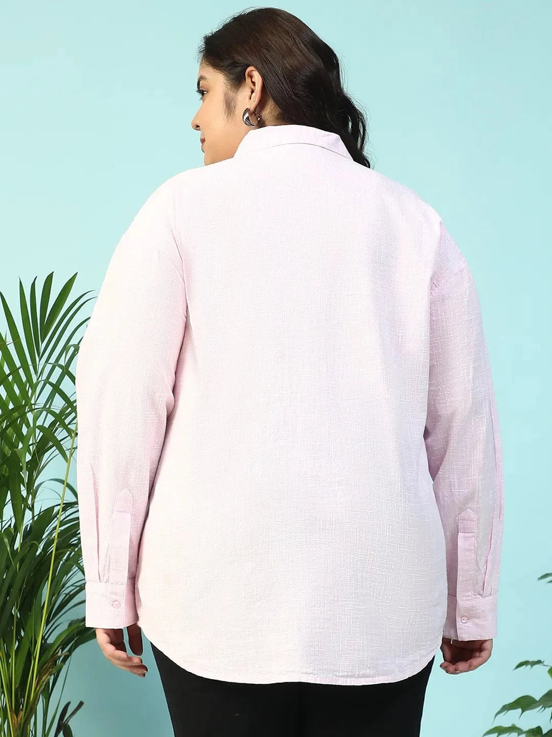 Curated Pink Yarn-Dyed Collared Long Sleeve Button Down Plus Size Women Cotton Shirt