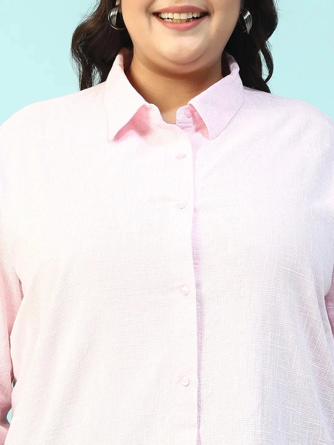 Curated Pink Yarn-Dyed Collared Long Sleeve Button Down Plus Size Women Cotton Shirt