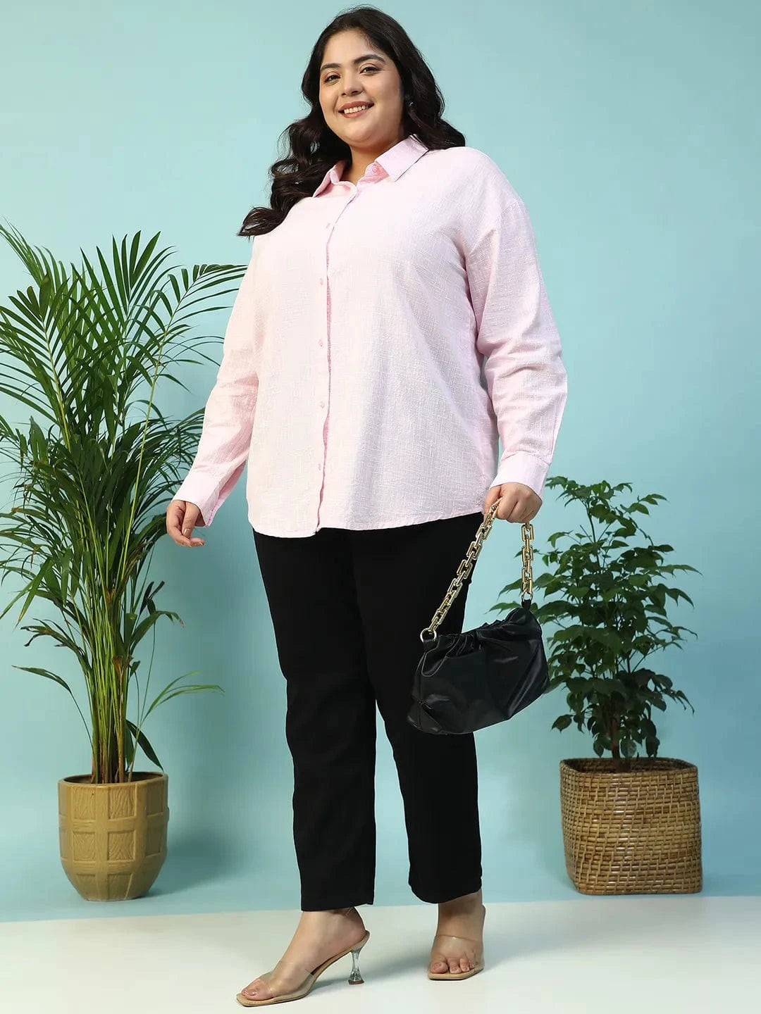 Curated Pink Yarn-Dyed Collared Long Sleeve Button Down Plus Size Women Cotton Shirt