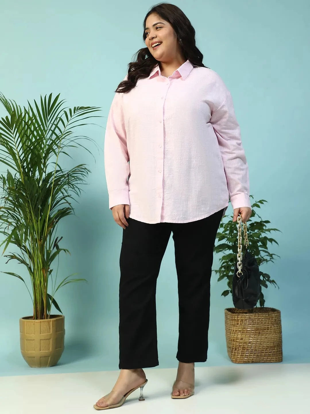 Curated Pink Yarn-Dyed Collared Long Sleeve Button Down Plus Size Women Cotton Shirt