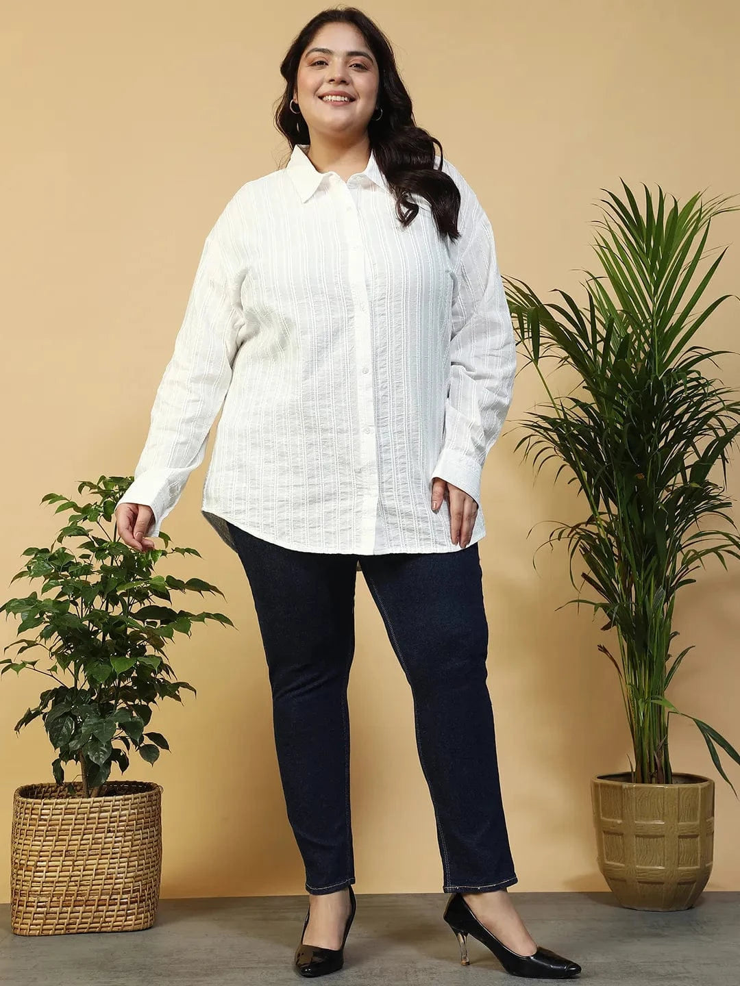Savy White Collared Long Sleeve Button Down Dobby Meld Plus Size Women Cotton Shirt