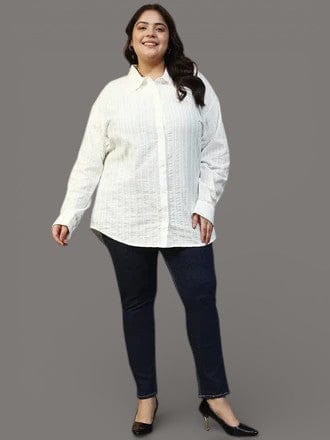 Savy White Collared Long Sleeve Button Down Dobby Meld Plus Size Women Cotton Shirt