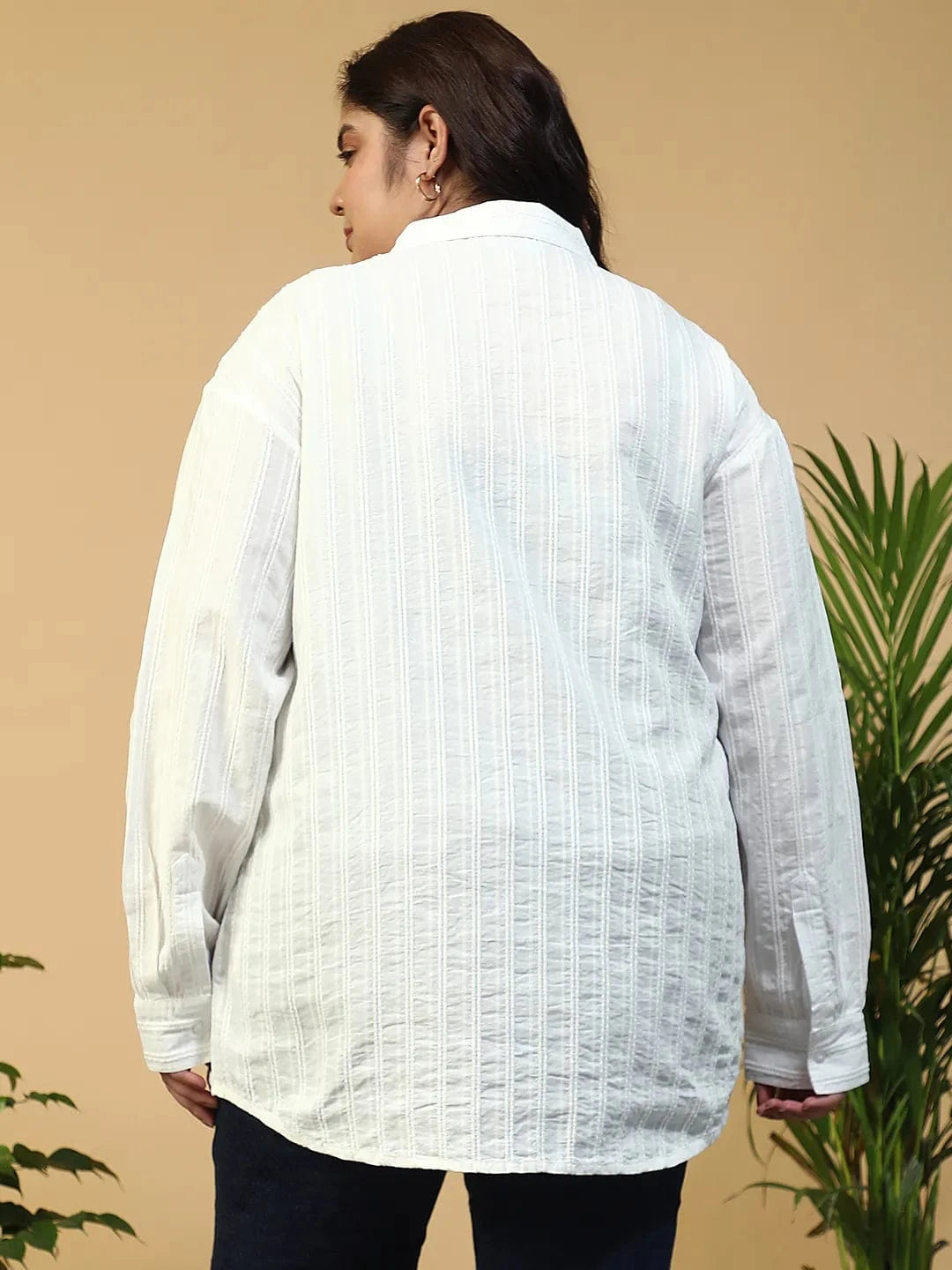 Savy White Collared Long Sleeve Button Down Dobby Meld Plus Size Women Cotton Shirt
