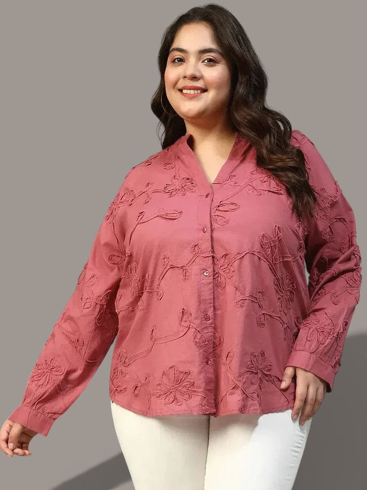 Plus Size Wine Embroidered Cotton Top