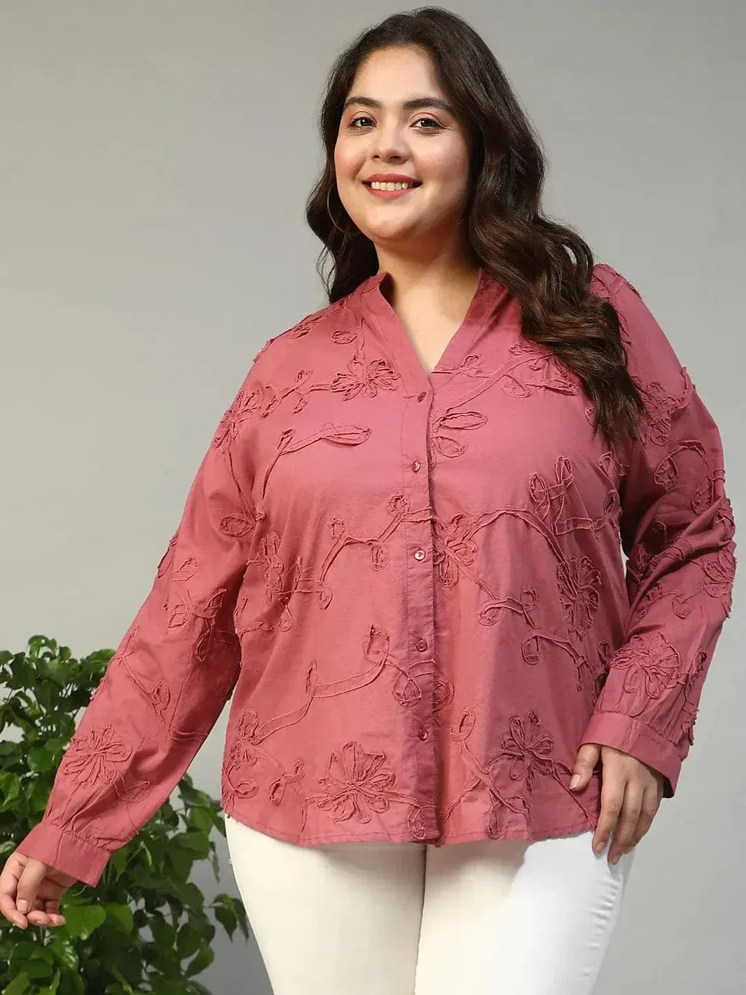 Swaggy Wine Long Sleeve Embroidered Button Down Plus Size Women Cotton Top - oxolloxo
