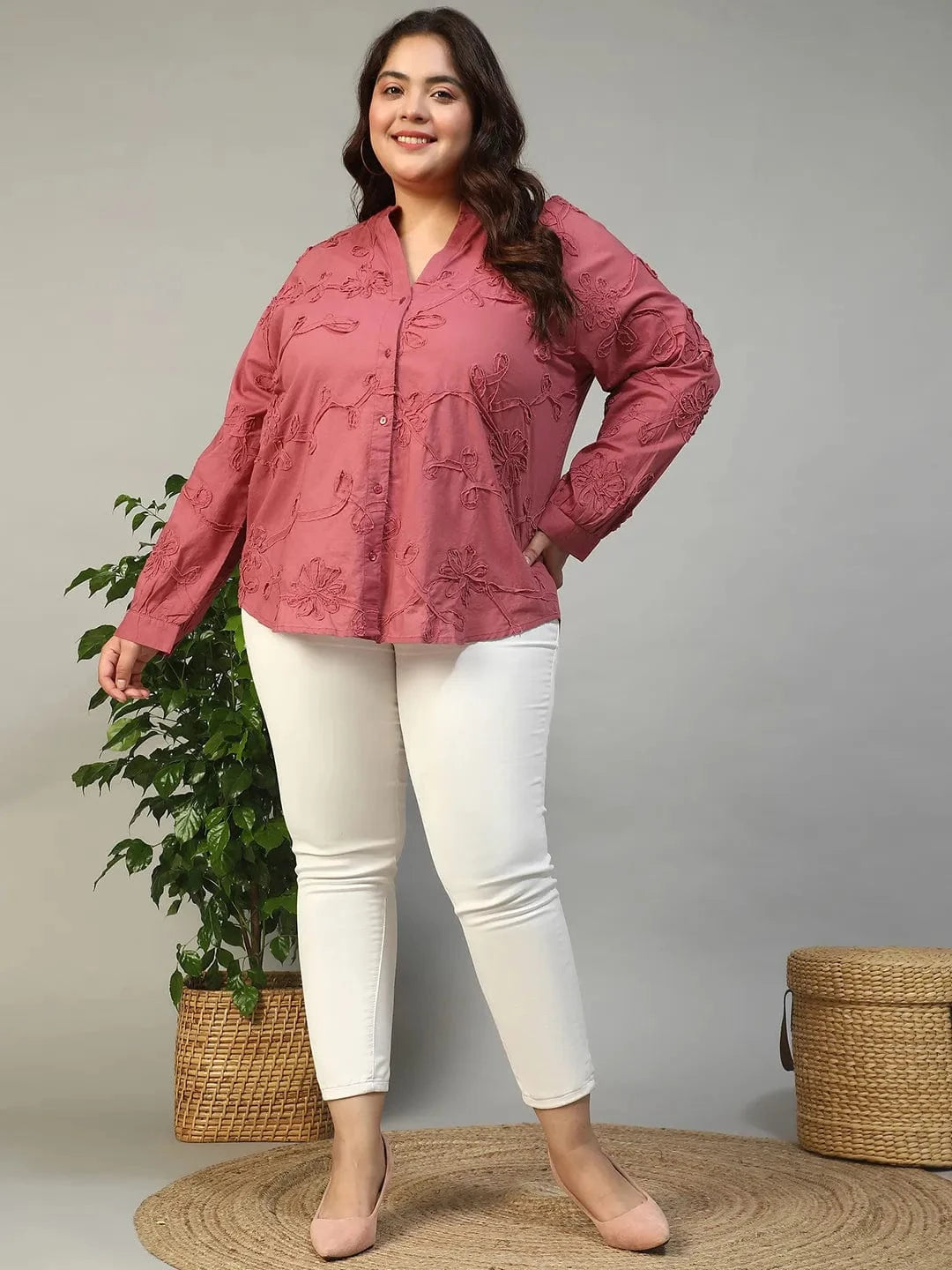 Swaggy Wine Long Sleeve Embroidered Button Down Plus Size Women Cotton Top