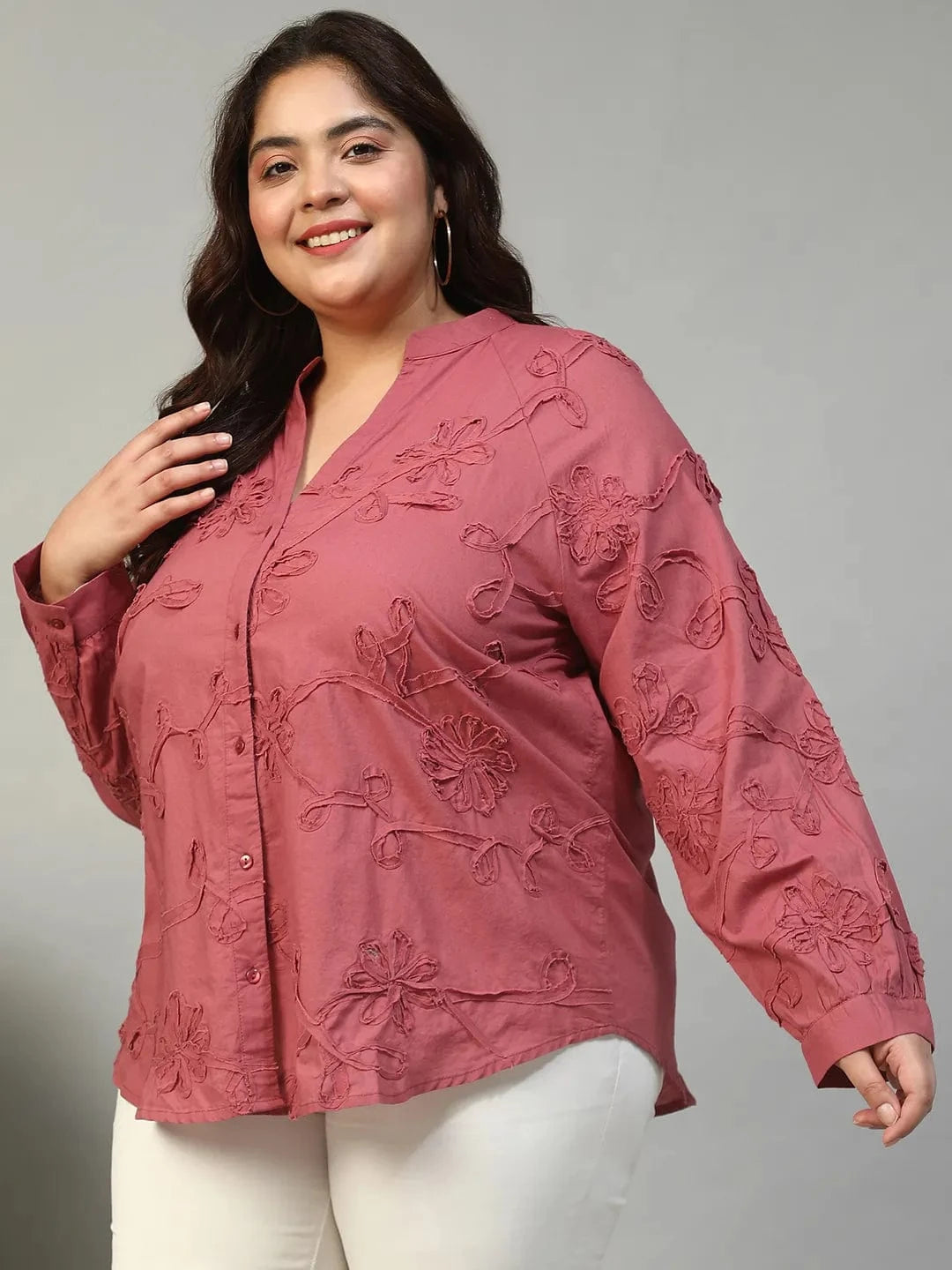 Swaggy Wine Long Sleeve Embroidered Button Down Plus Size Women Cotton Top