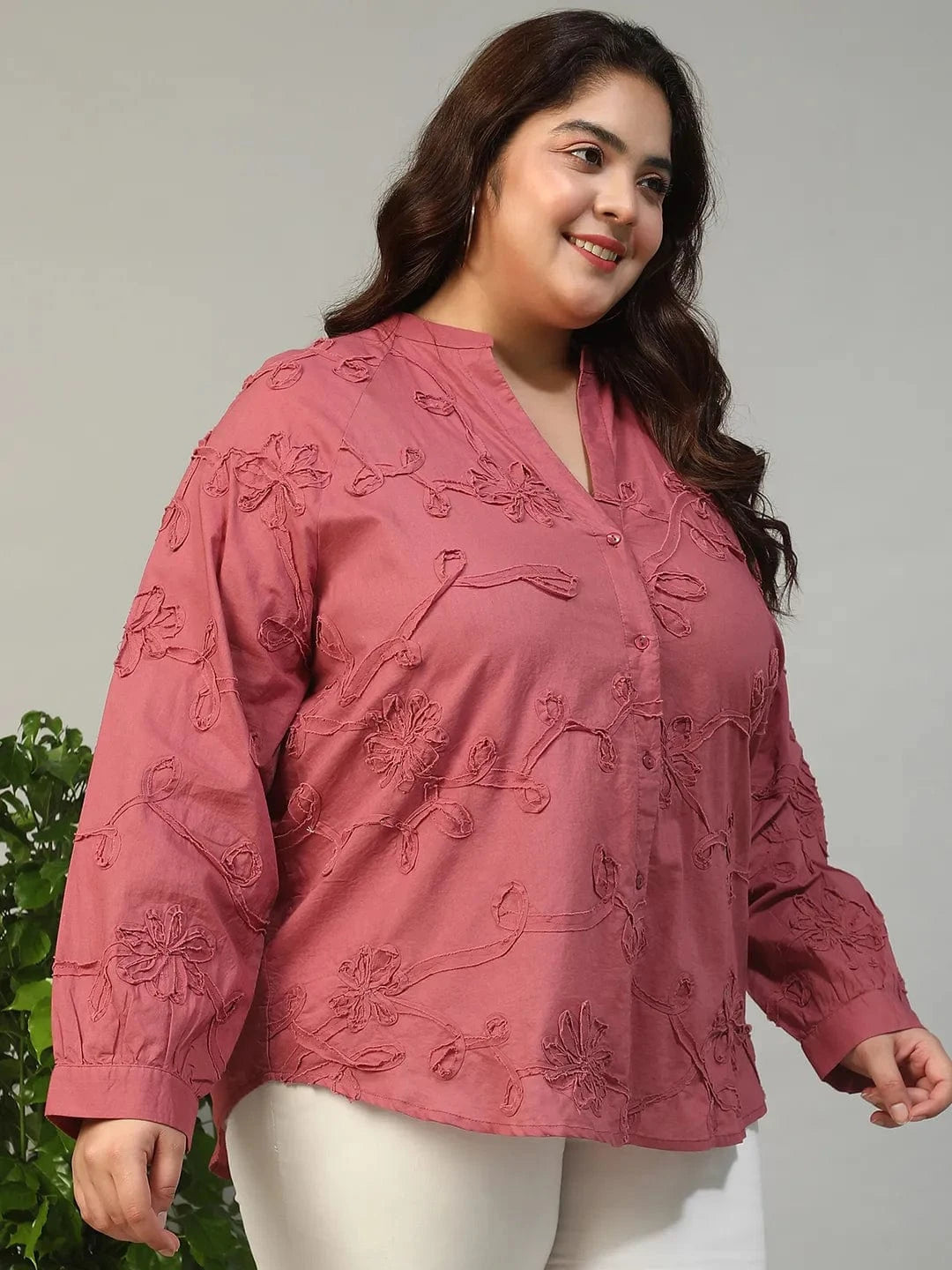 Swaggy Wine Long Sleeve Embroidered Button Down Plus Size Women Cotton Top