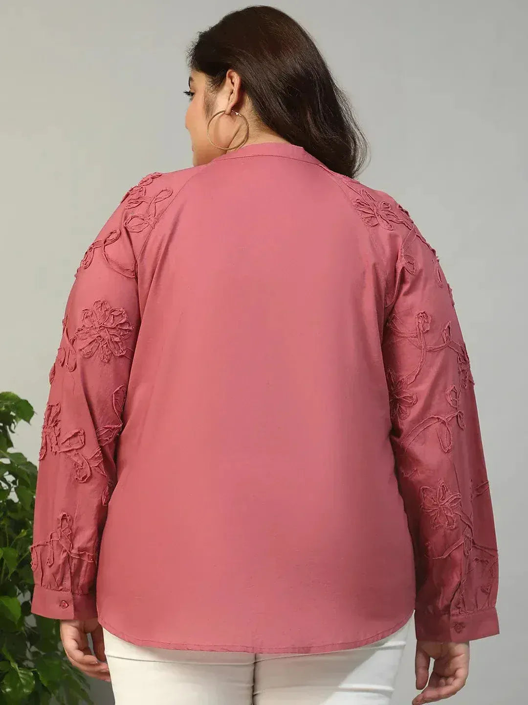 Swaggy Wine Long Sleeve Embroidered Button Down Plus Size Women Cotton Top - oxolloxo