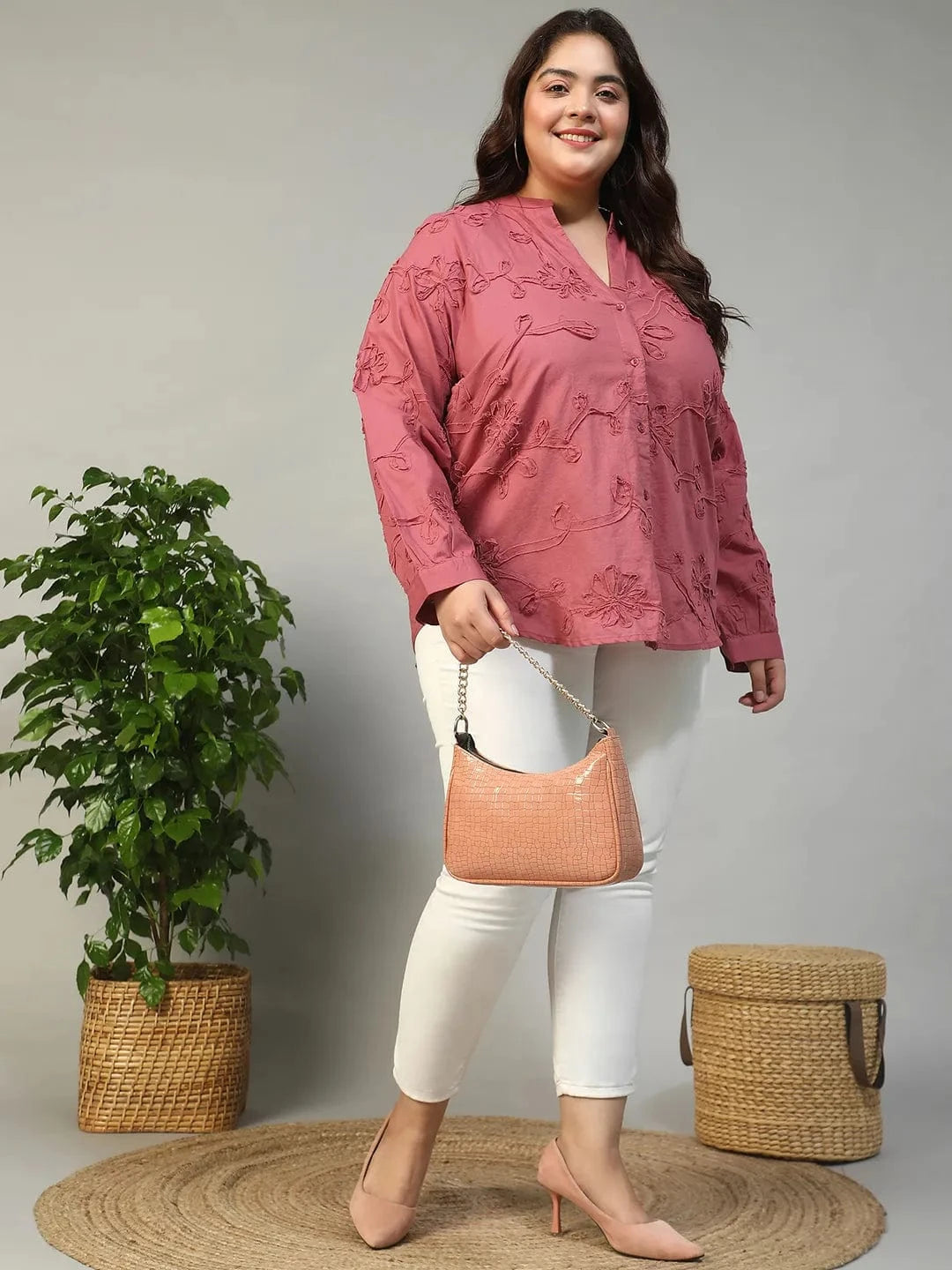 Swaggy Wine Long Sleeve Embroidered Button Down Plus Size Women Cotton Top