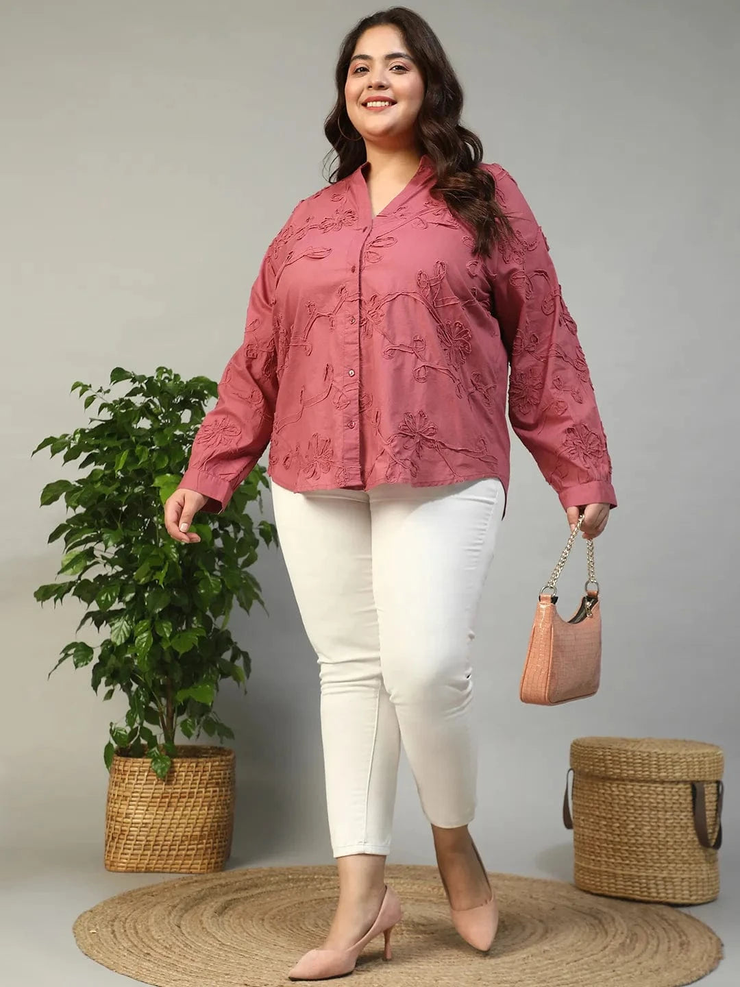 Swaggy Wine Long Sleeve Embroidered Button Down Plus Size Women Cotton Top