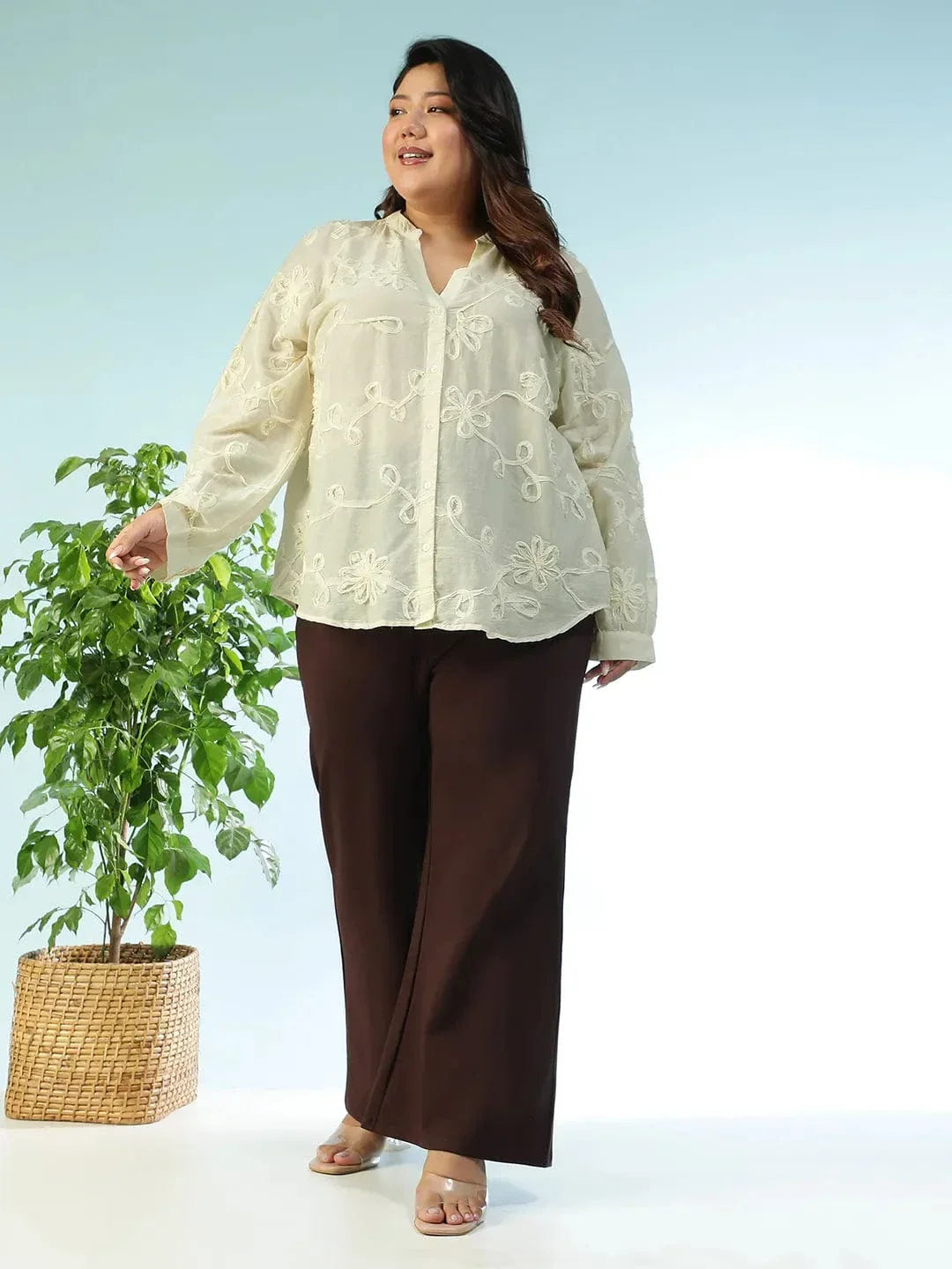 Statement Cream Embroidered V-Neck Long Sleeve Plus Size Women Cotton Shirt - oxolloxo