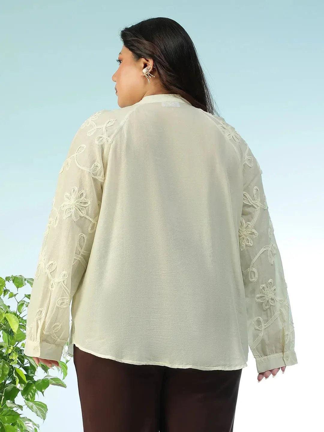 Statement Cream Embroidered V-Neck Long Sleeve Plus Size Women Cotton Shirt - oxolloxo