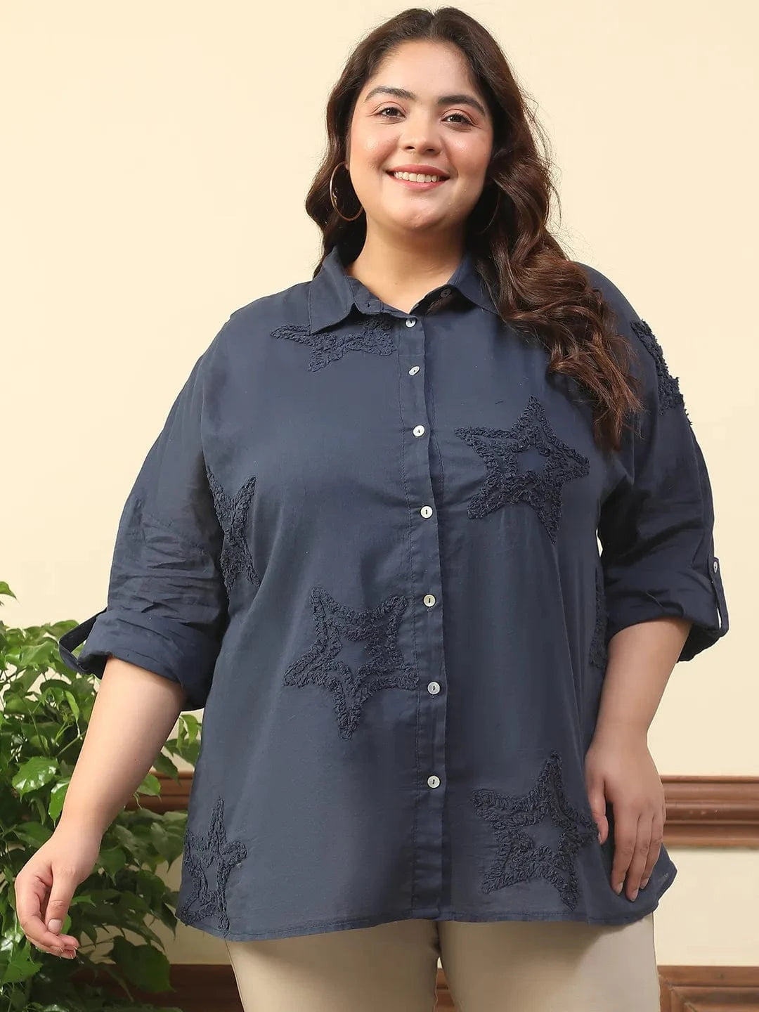 Dark Blue Long Sleeve Embroidered Button Down Plus Size Women Cotton Shirt
