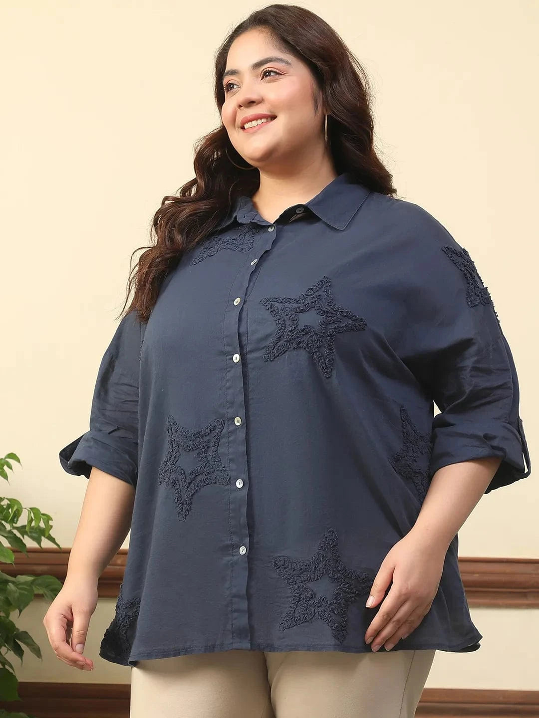 Dark Blue Long Sleeve Embroidered Button Down Plus Size Women Cotton Shirt