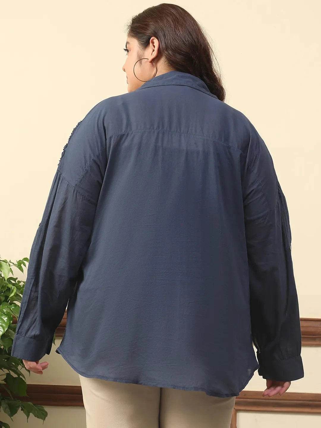 Dark Blue Long Sleeve Embroidered Button Down Plus Size Women Cotton Shirt