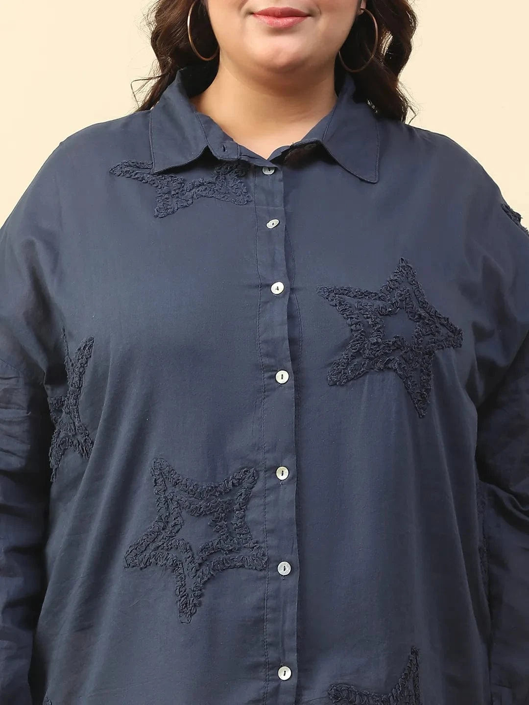 Dark Blue Long Sleeve Embroidered Button Down Plus Size Women Cotton Shirt