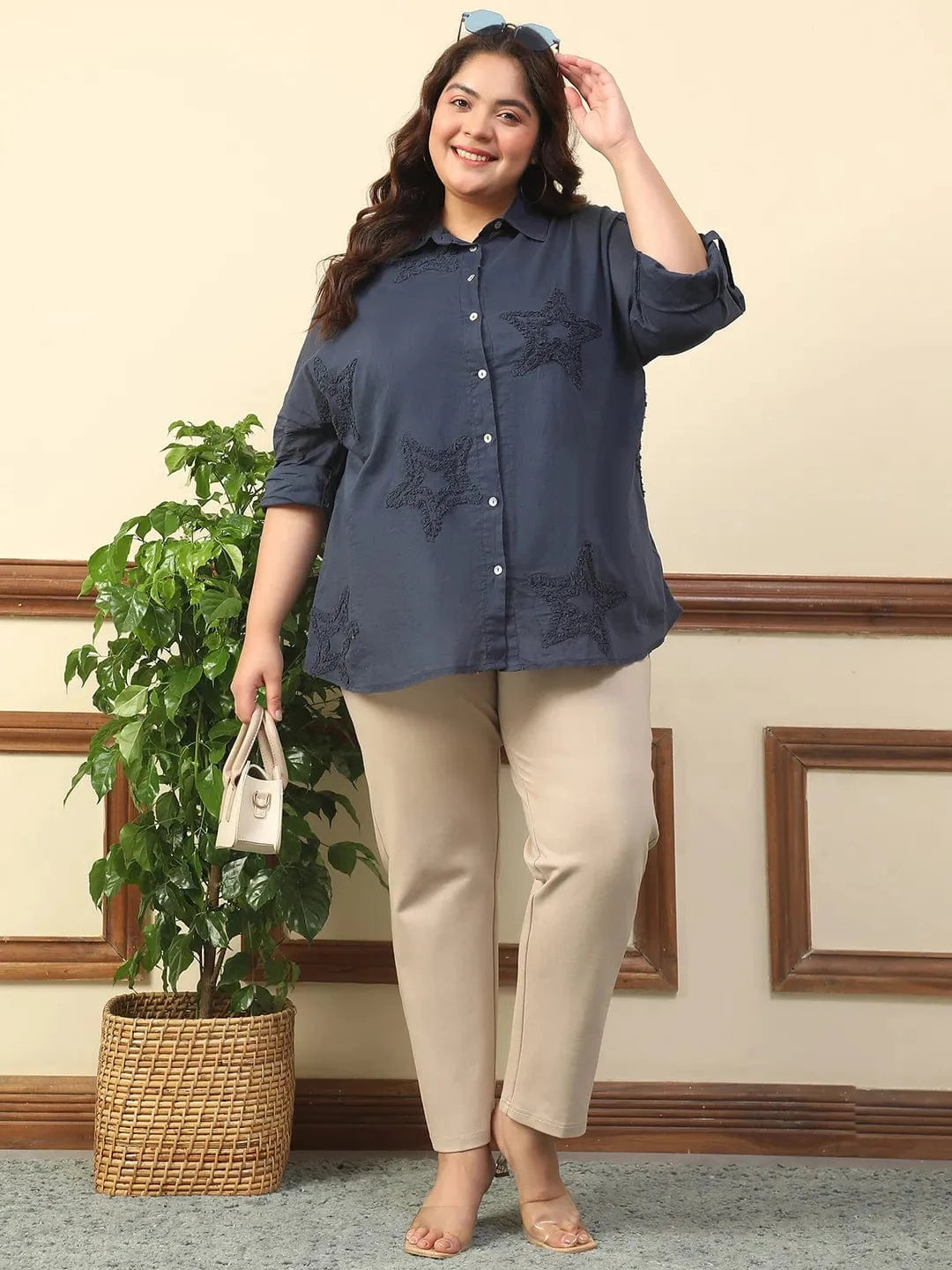 Dark Blue Long Sleeve Embroidered Button Down Plus Size Women Cotton Shirt