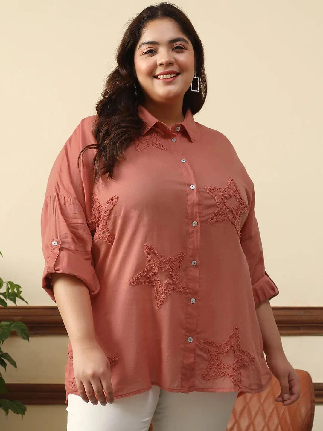 Enhanced Rust Long Sleeve Embroidered Button Down Plus Size Women Cotton Shirt