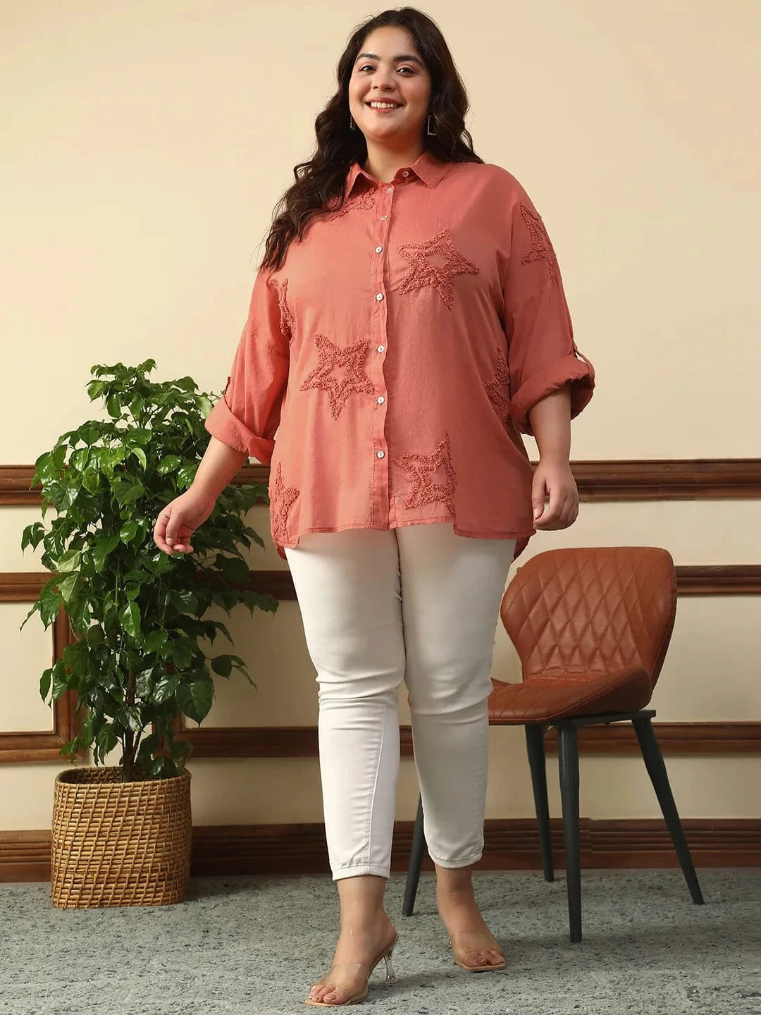 Enhanced Rust Long Sleeve Embroidered Button Down Plus Size Women Cotton Shirt