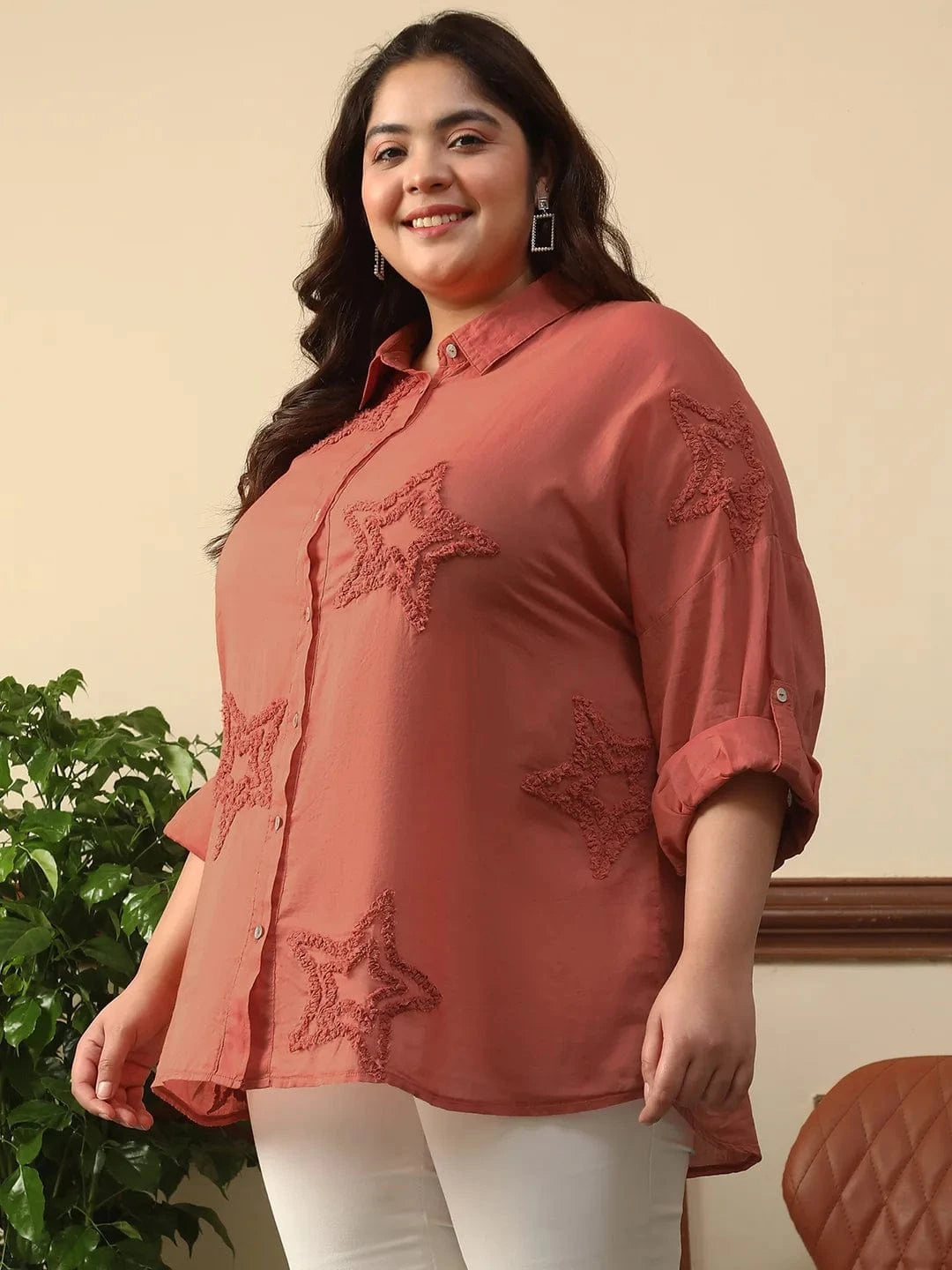 Enhanced Rust Long Sleeve Embroidered Button Down Plus Size Women Cotton Shirt