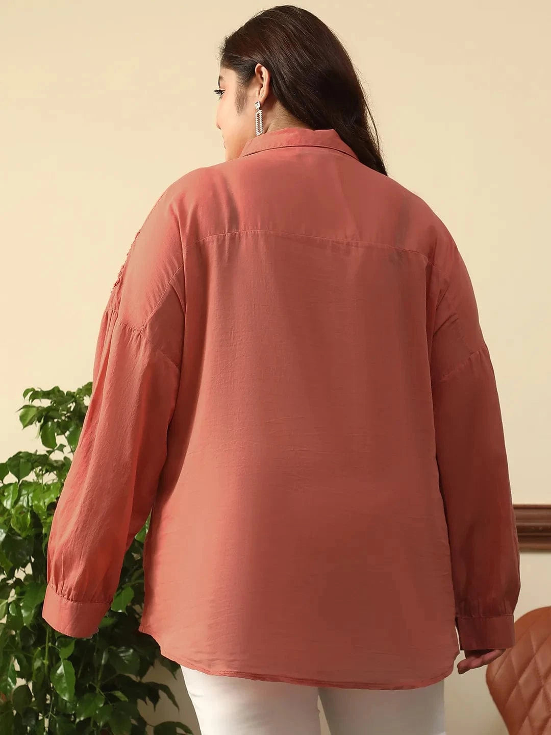 Enhanced Rust Long Sleeve Embroidered Button Down Plus Size Women Cotton Shirt