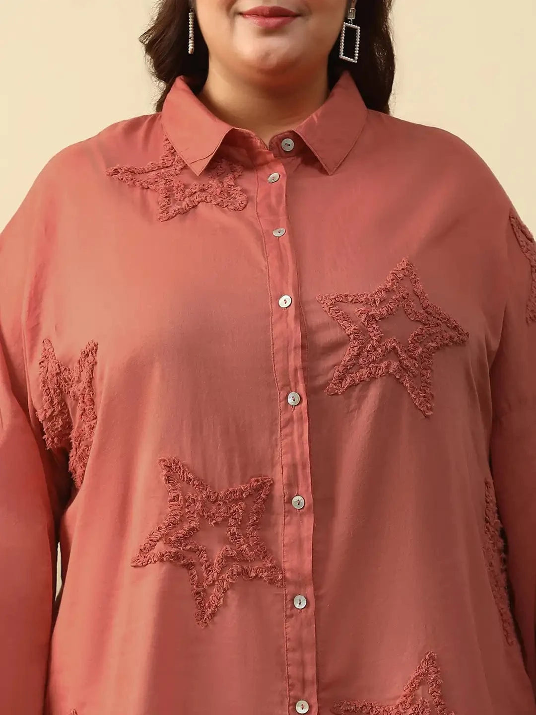 Enhanced Rust Long Sleeve Embroidered Button Down Plus Size Women Cotton Shirt