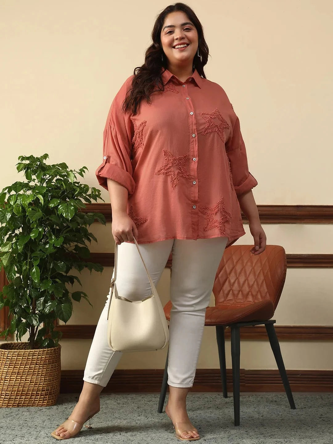 Enhanced Rust Long Sleeve Embroidered Button Down Plus Size Women Cotton Shirt