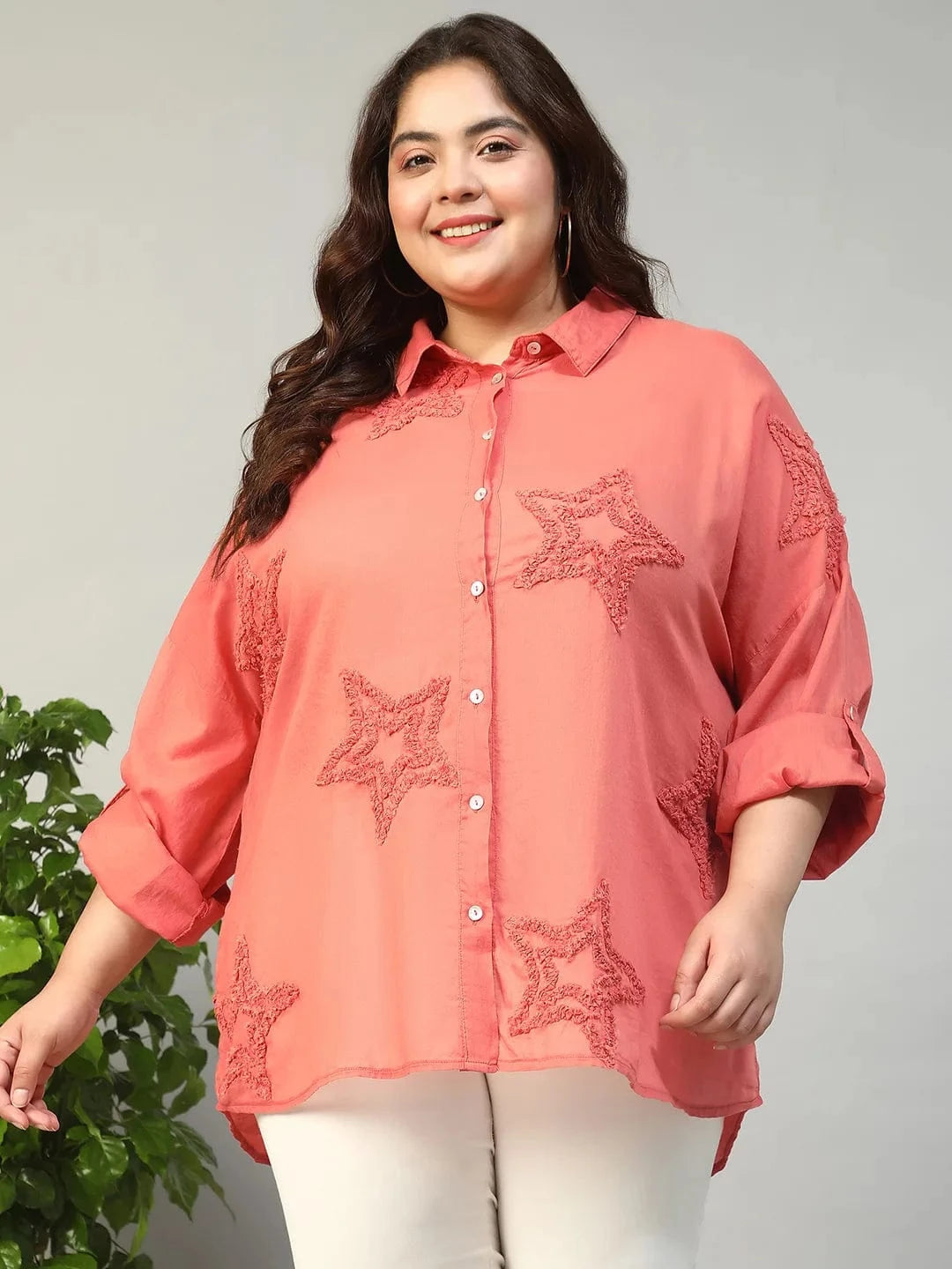 Catchy Coral Long Sleeve Embroidered Button Down Plus Size Women Cotton Shirt