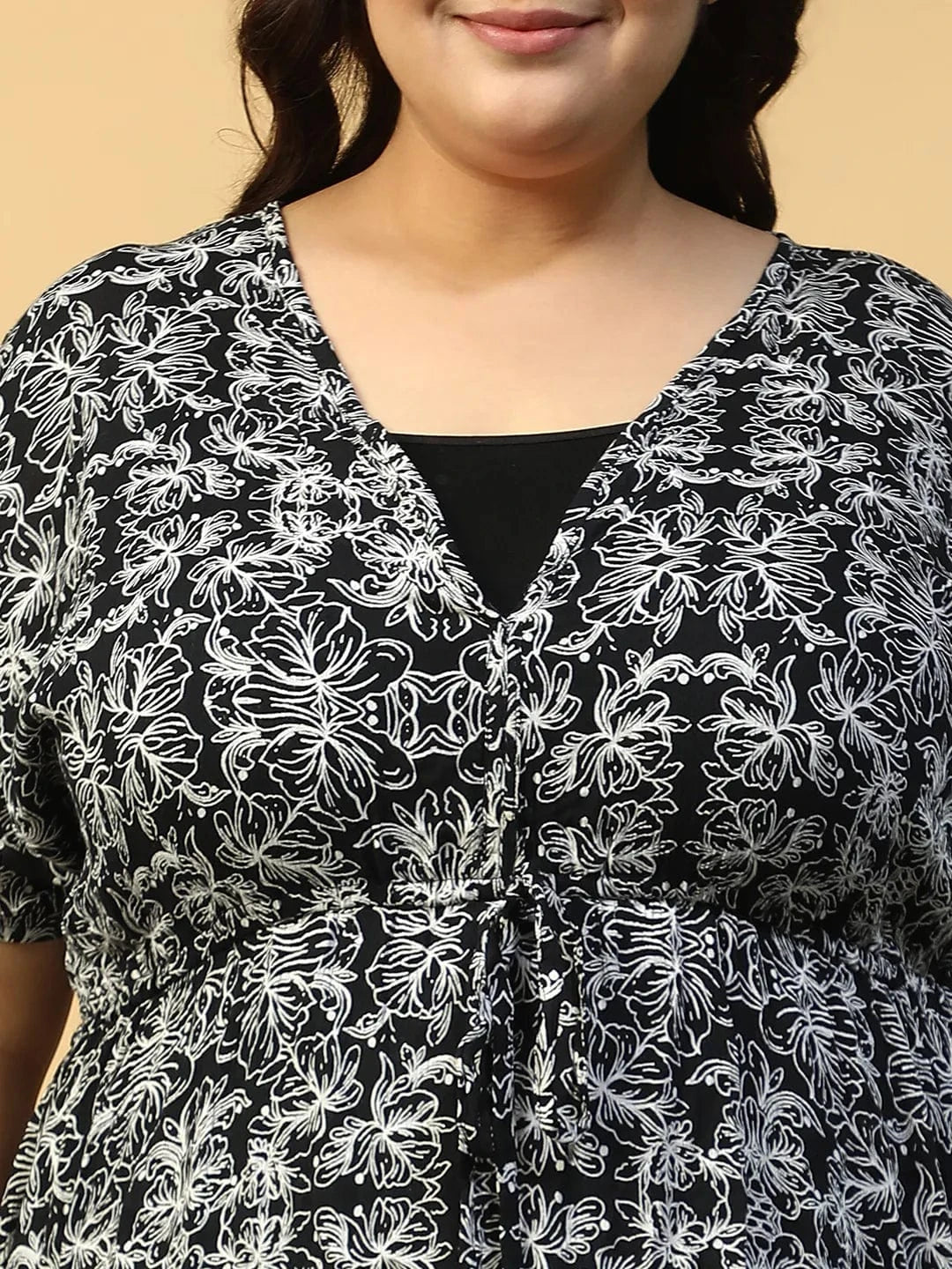 Phantom Black Floral Print Short Sleeve Elasticated With Tie-Up Detail Plus Size Women Beachwear Kaftan