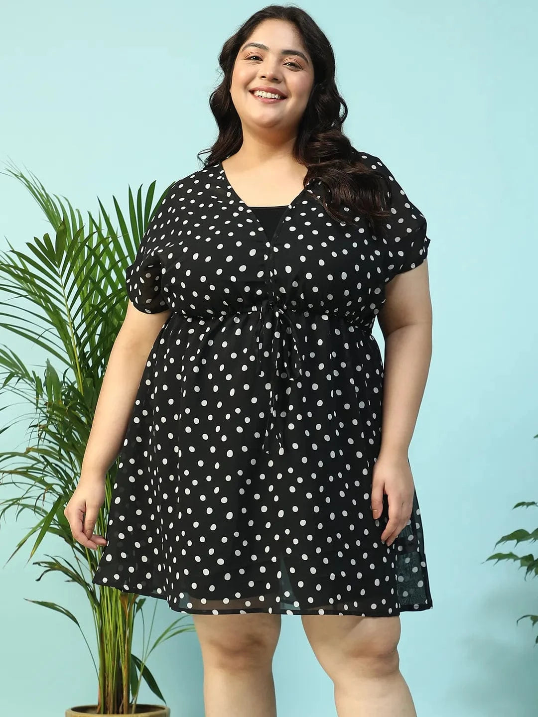 Deep Black Animal Print Short Sleeve Elasticated With Tie-Up Detail Plus Size Women Beachwear Kaftan