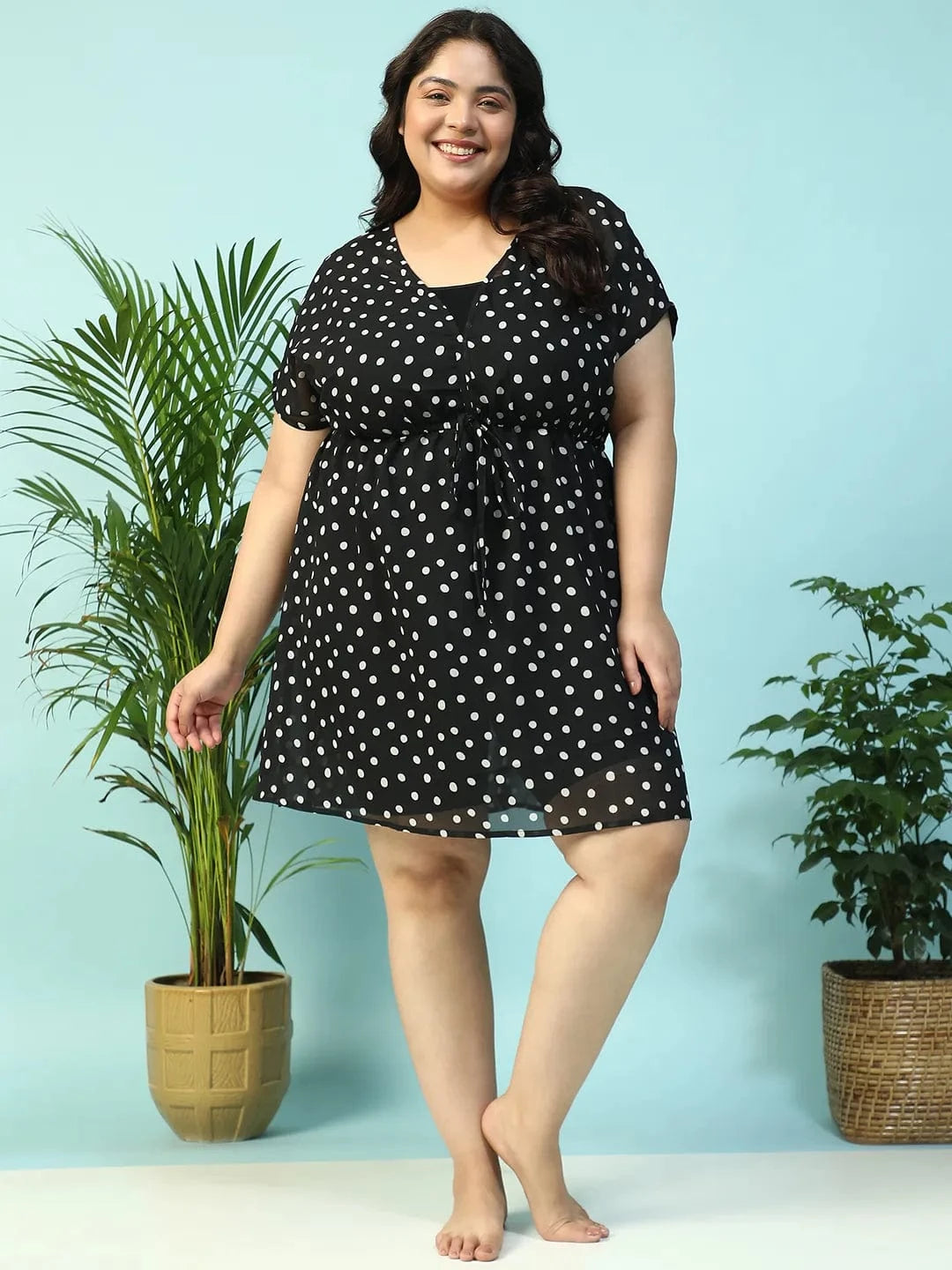 Deep Black Animal Print Short Sleeve Elasticated With Tie-Up Detail Plus Size Women Beachwear Kaftan