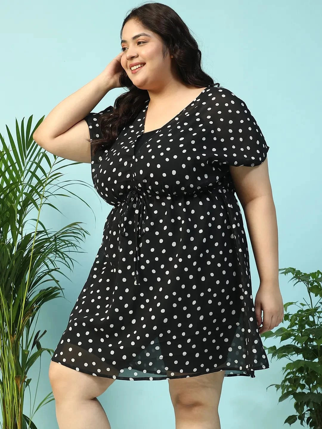 Deep Black Animal Print Short Sleeve Elasticated With Tie-Up Detail Plus Size Women Beachwear Kaftan