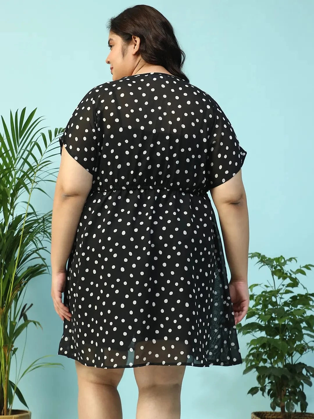 Deep Black Animal Print Short Sleeve Elasticated With Tie-Up Detail Plus Size Women Beachwear Kaftan
