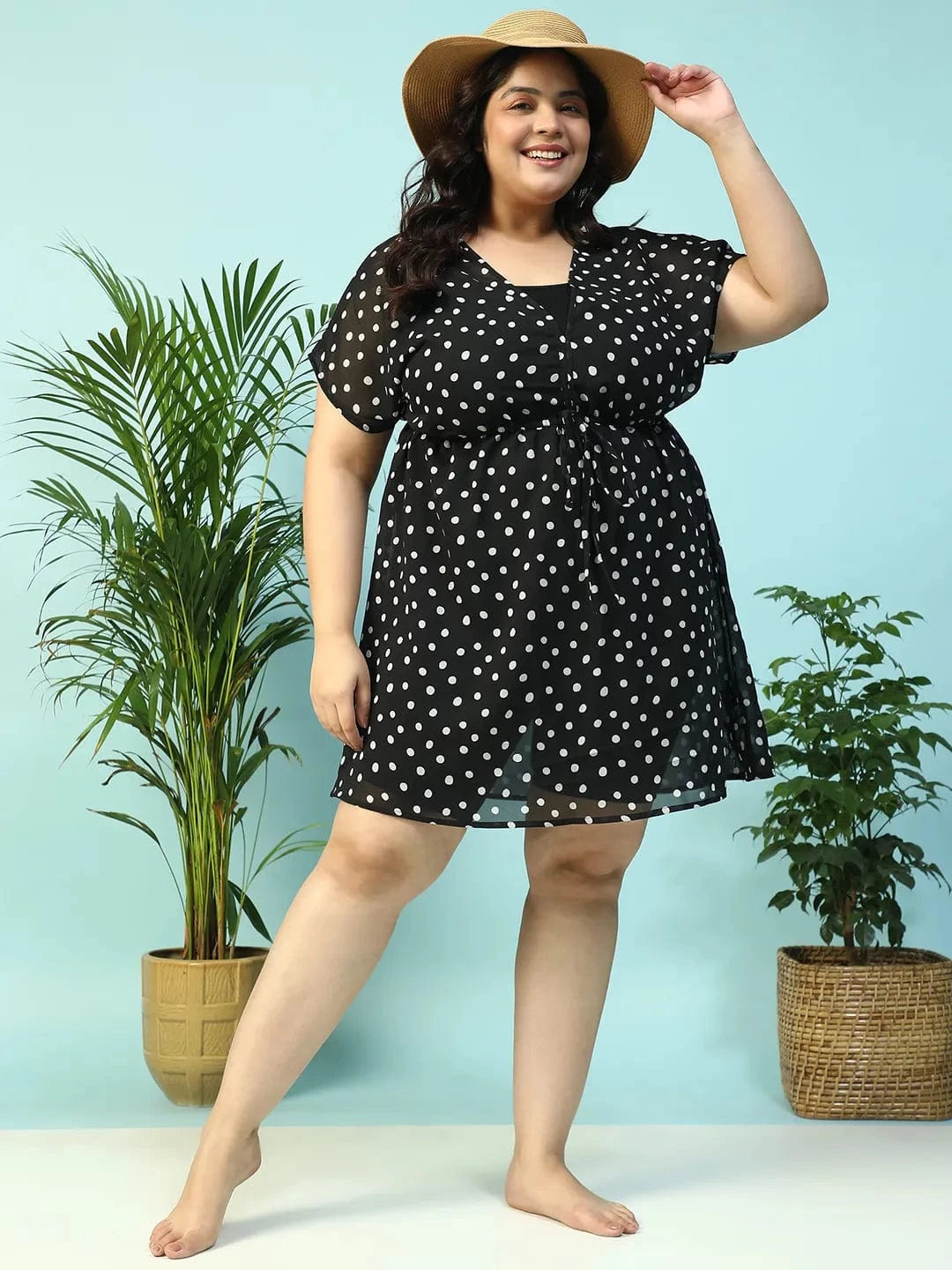 Deep Black Animal Print Short Sleeve Elasticated With Tie-Up Detail Plus Size Women Beachwear Kaftan