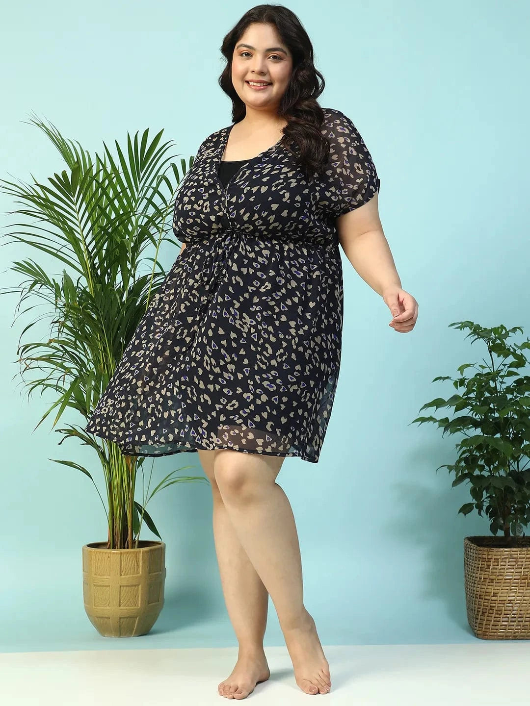 Navy Blue Animal Print Short Sleeve Elasticated With Tie-Up Detail Plus Size Women Beachwear Kaftan