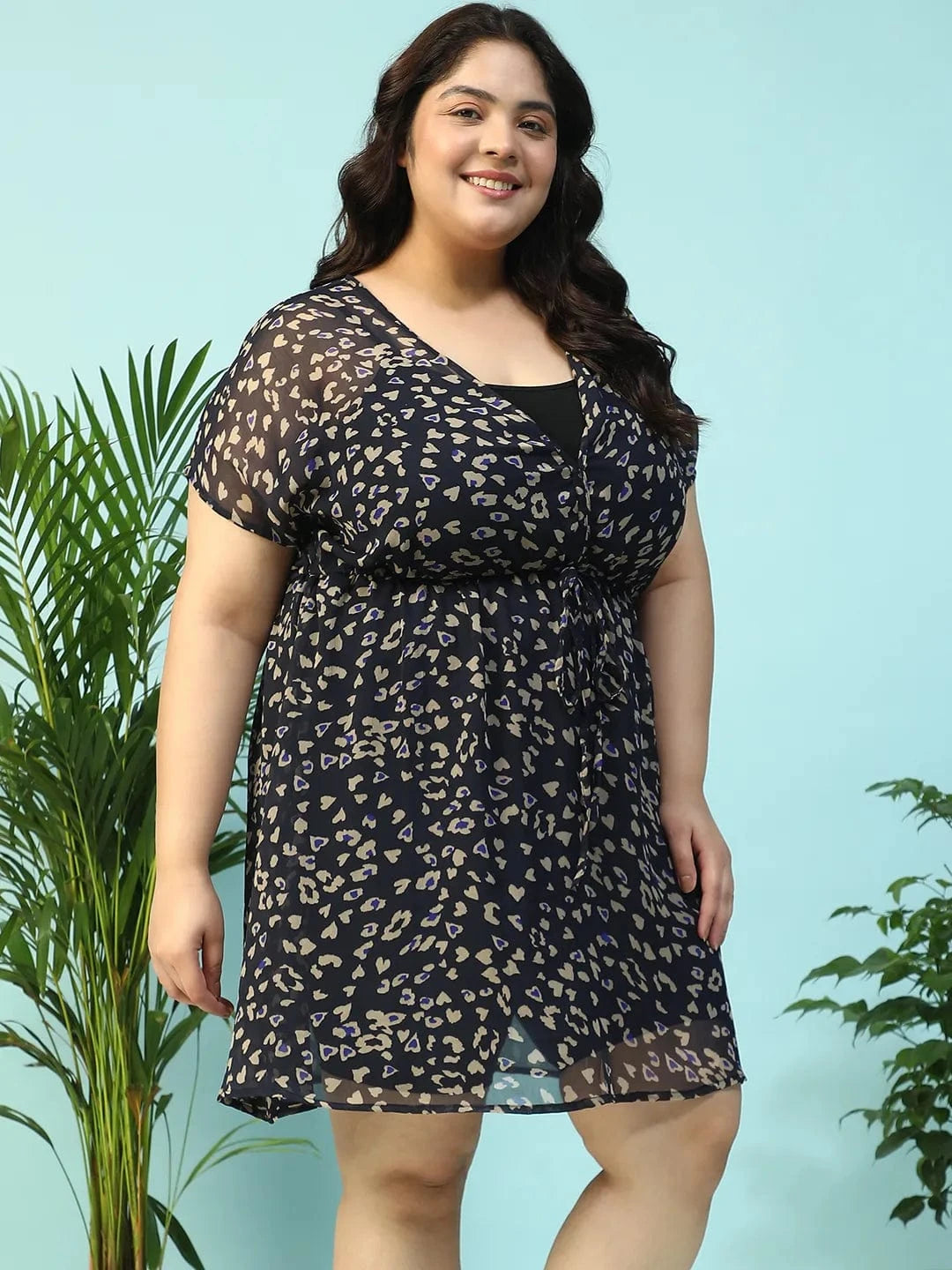Navy Blue Animal Print Short Sleeve Elasticated With Tie-Up Detail Plus Size Women Beachwear Kaftan