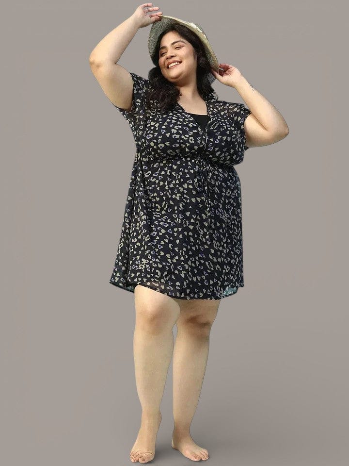 Plus Size Navy Blue Animal Print Beachwear Kaftan