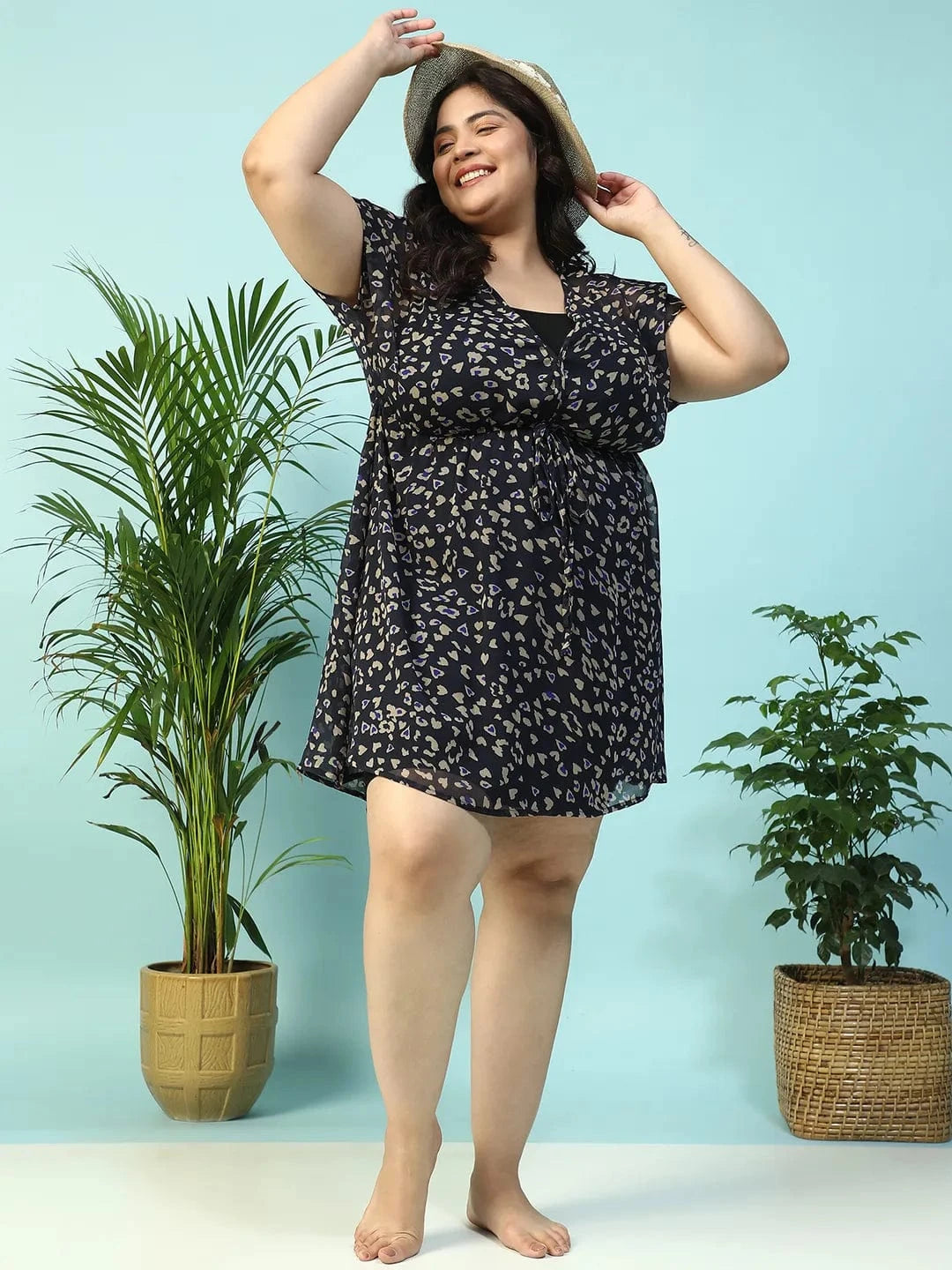 Navy Blue Animal Print Short Sleeve Elasticated With Tie-Up Detail Plus Size Women Beachwear Kaftan