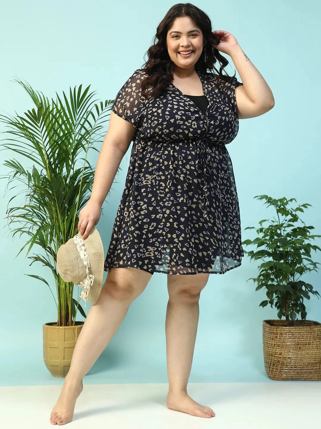 Navy Blue Animal Print Short Sleeve Elasticated With Tie-Up Detail Plus Size Women Beachwear Kaftan