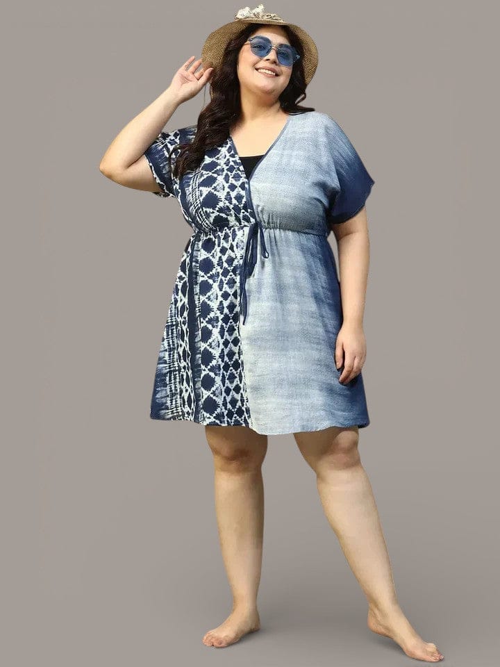 Plus Size Navy Blue Tie-Dye Beachwear Cotton Kaftan