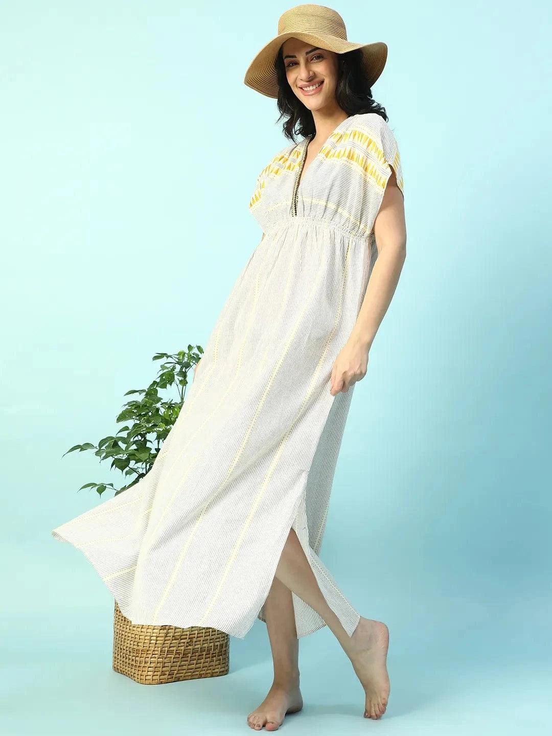 Urban Beige Elasticated V-Neck Short Sleeve Women Beachwear Cotton Dress