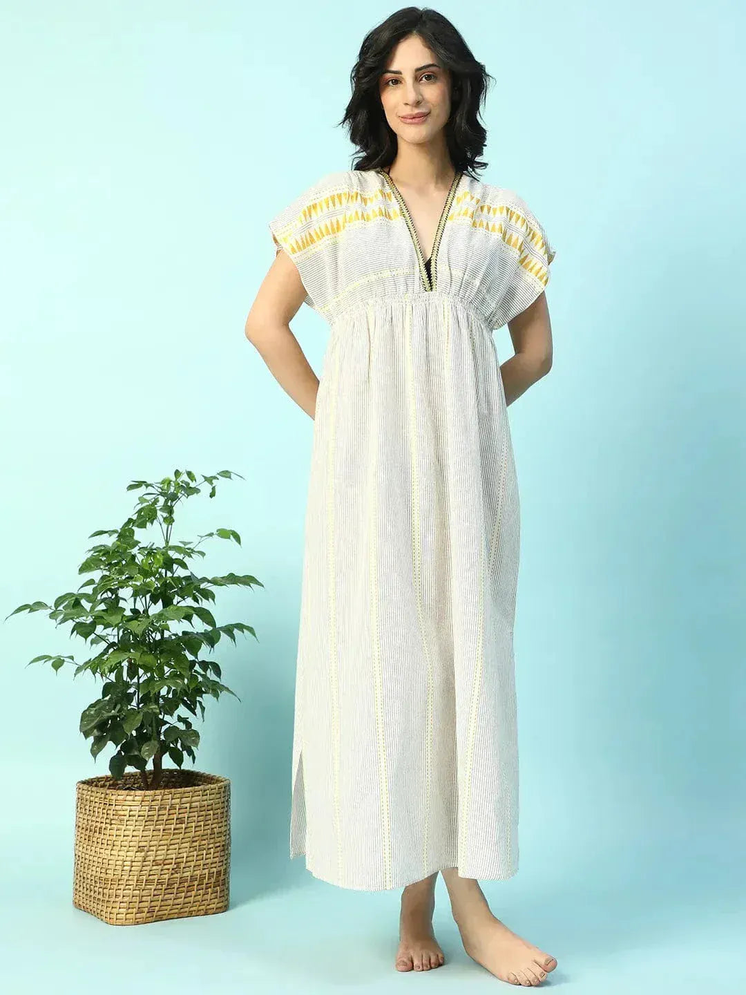 Urban Beige Elasticated V-Neck Short Sleeve Women Beachwear Cotton Dress - oxolloxo