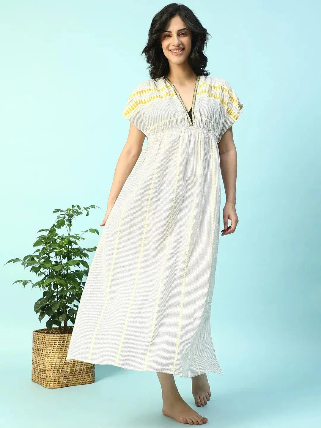 Urban Beige Elasticated V-Neck Short Sleeve Women Beachwear Cotton Dress - oxolloxo