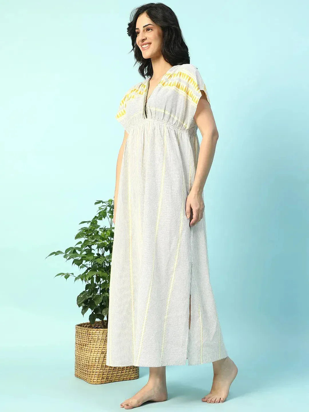 Urban Beige Elasticated V-Neck Short Sleeve Women Beachwear Cotton Dress - oxolloxo