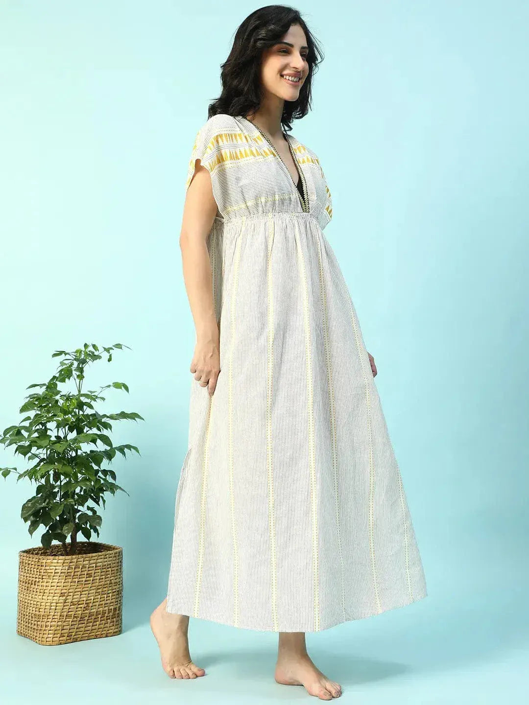 Urban Beige Elasticated V-Neck Short Sleeve Women Beachwear Cotton Dress - oxolloxo