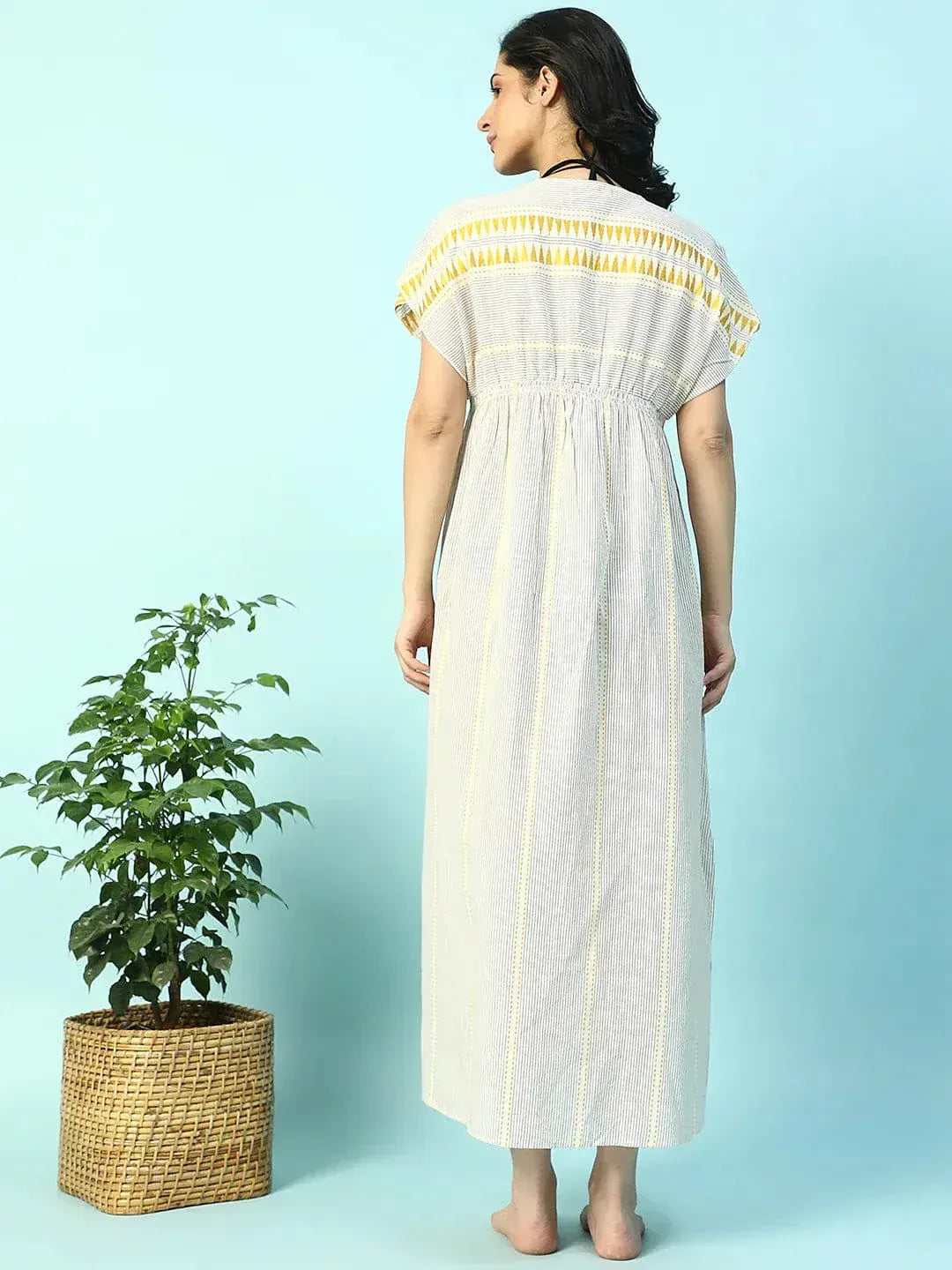 Urban Beige Elasticated V-Neck Short Sleeve Women Beachwear Cotton Dress - oxolloxo