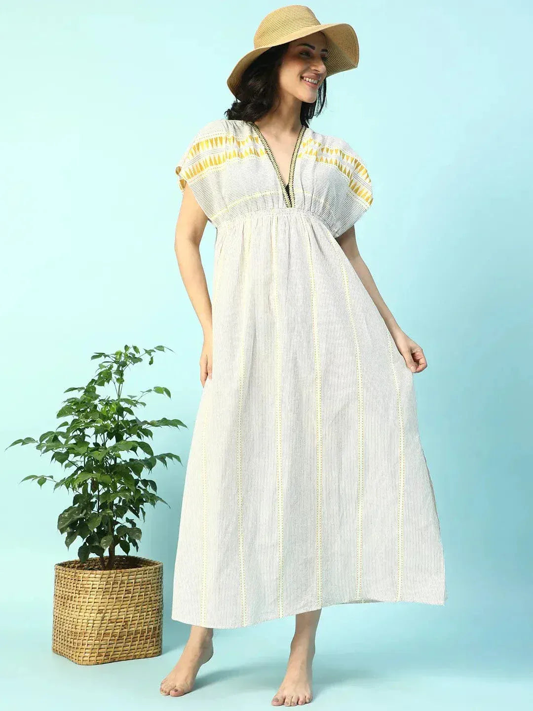 Urban Beige Elasticated V-Neck Short Sleeve Women Beachwear Cotton Dress - oxolloxo