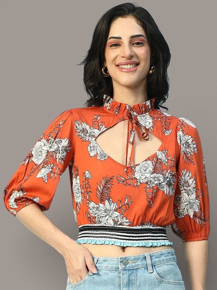 Floral Crop Top - Rust Floral Print Women Crop Top With Keyhole Neck & Smocking Detail